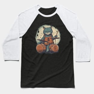 Vintage Rockin' Drummer Cat Baseball T-Shirt